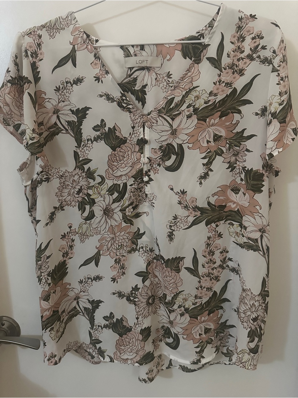 LOFT Floral Blush & Ivory Short Sleeve Blouse XL Cottagecore Romantic